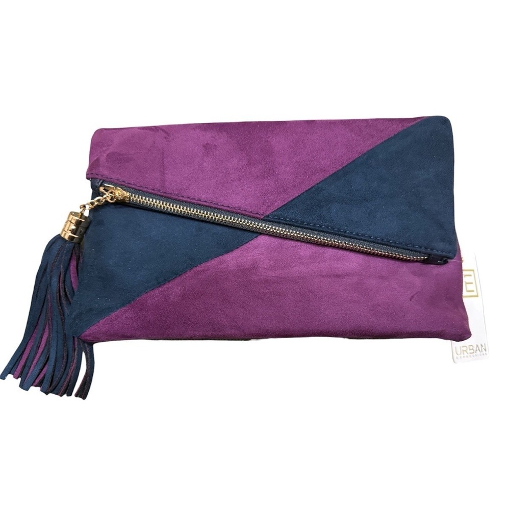 Vegan Suede & Faux Leather Colorblock Clutch navy and‎ purple